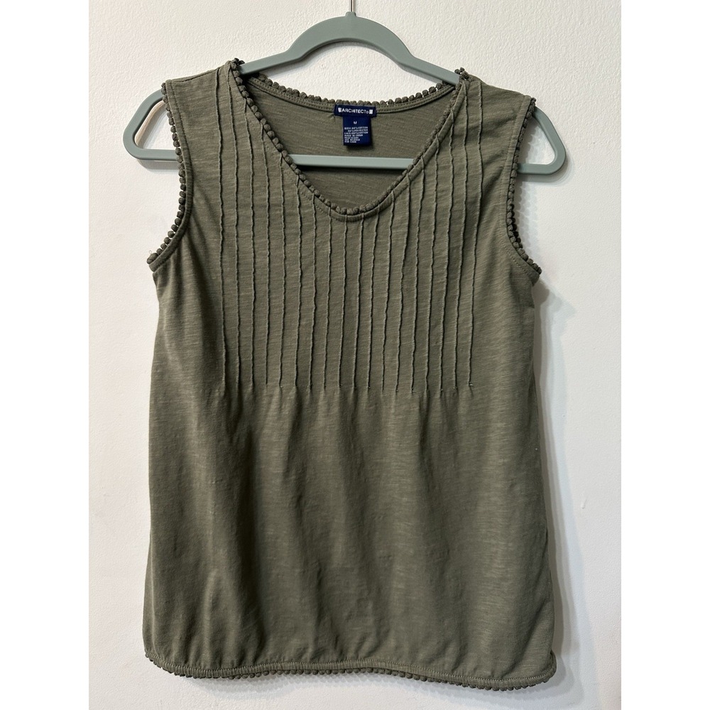 Architect Olive Green Pintuck Tank Top Sz M Pom Trim V-Neck Boho Sleeveless Tee